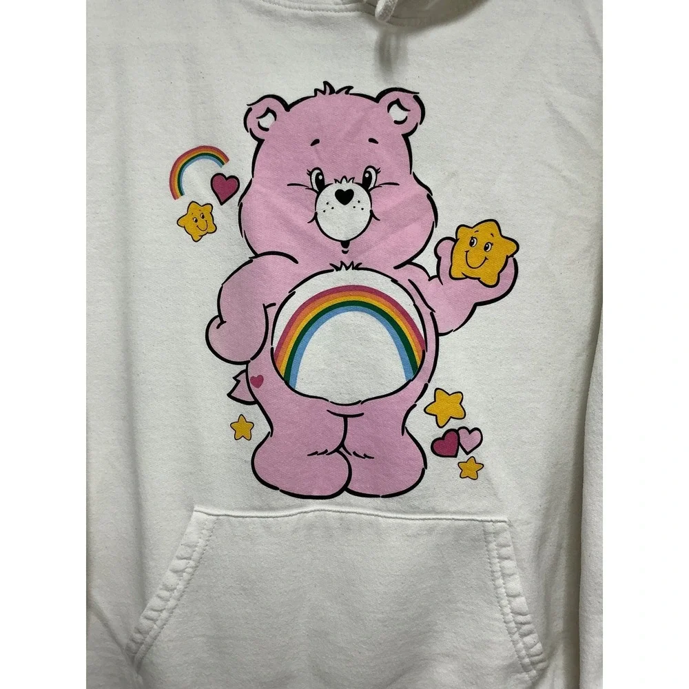 Care Bears Cheer Bear Graphic Hoodie White Rainbow Stars Fleece Sweatshirt